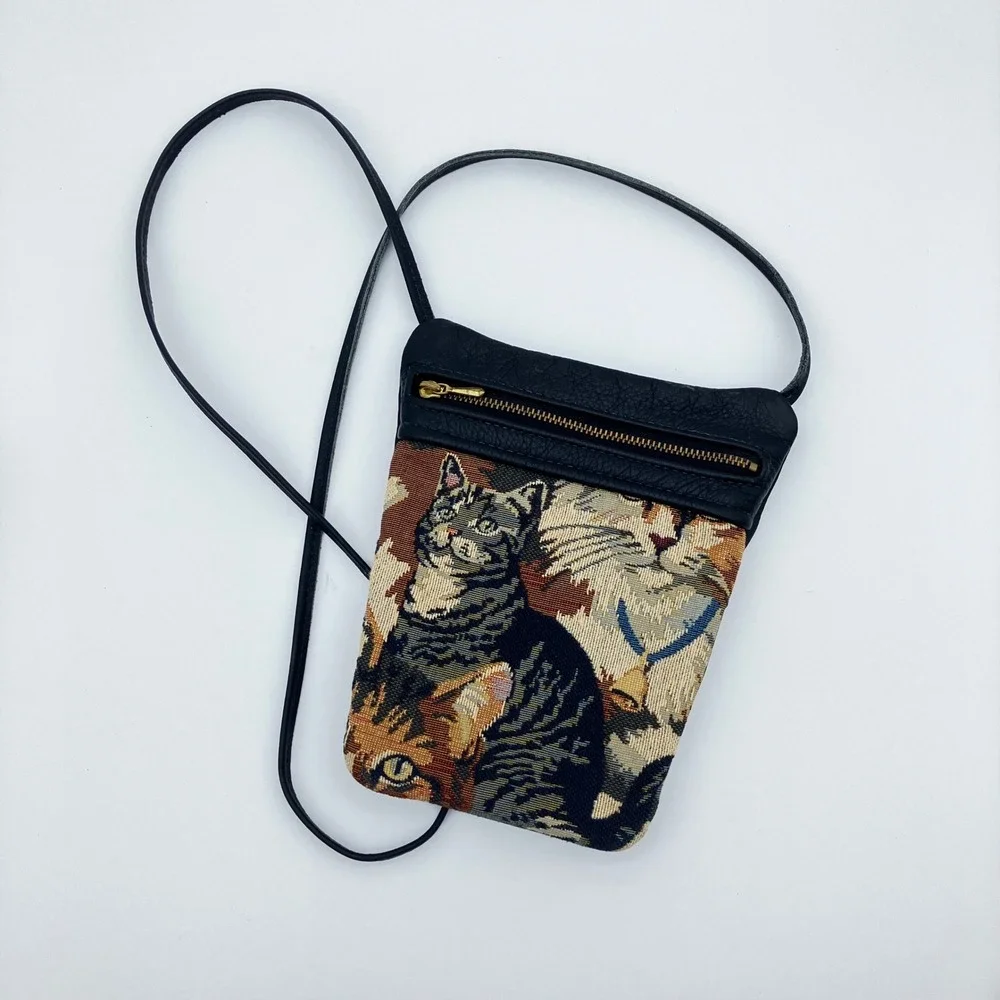 Vintage Crossbody Bag Small Black Leather Cat Tapestry Pouch Kitten Cottagecore